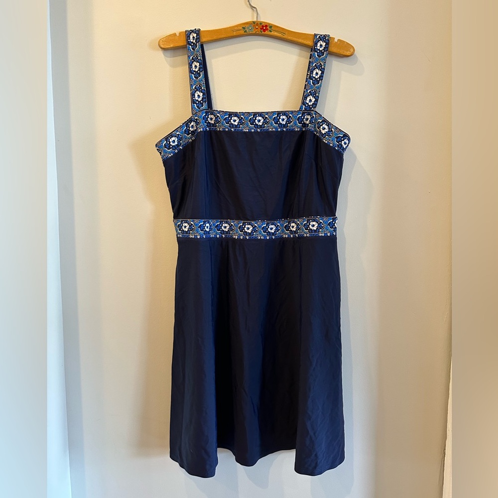 Jude Connally navy floral tile trim stretch tank dress